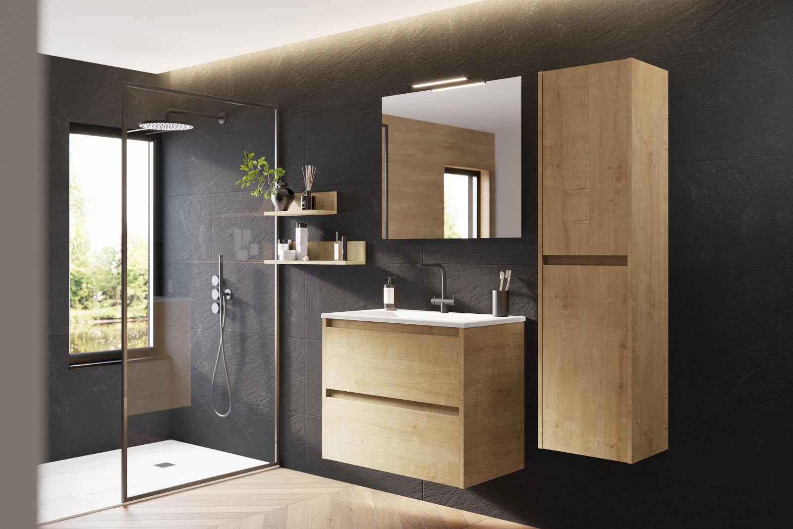 Meuble de salle de bain moderne sans poignée et colonne assortie Doblo - Sanijura