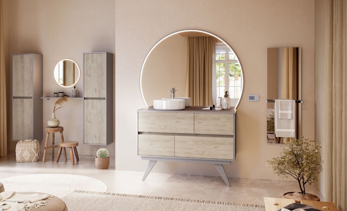 Photo d'une salle de bain de style bohème avec meuble et colonnes assortis
