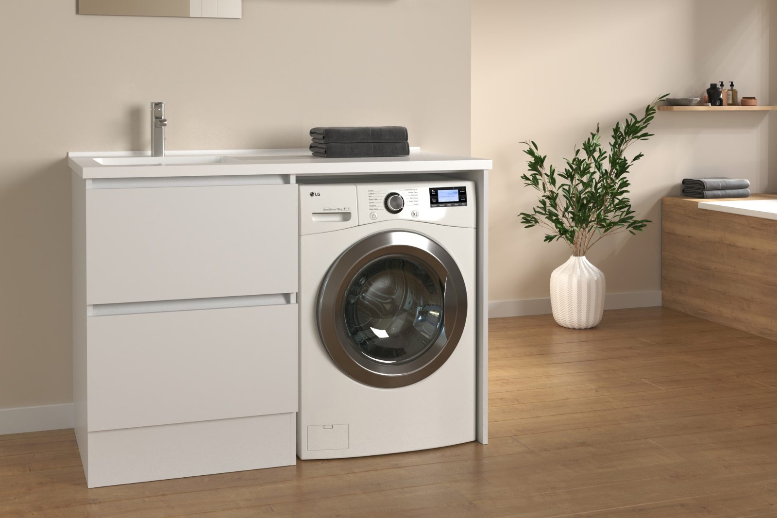 Photo d'un meuble lave linge blanc brillant avec vasque à gauche et machine à laver à droite