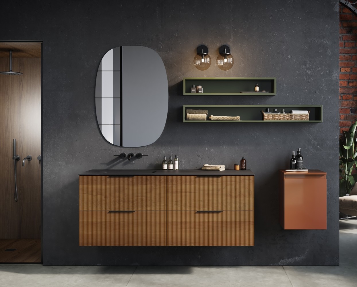 Meuble de salle de bain en bois massif Halo, 140 cm, 2 niveaux, 4 tiroirs