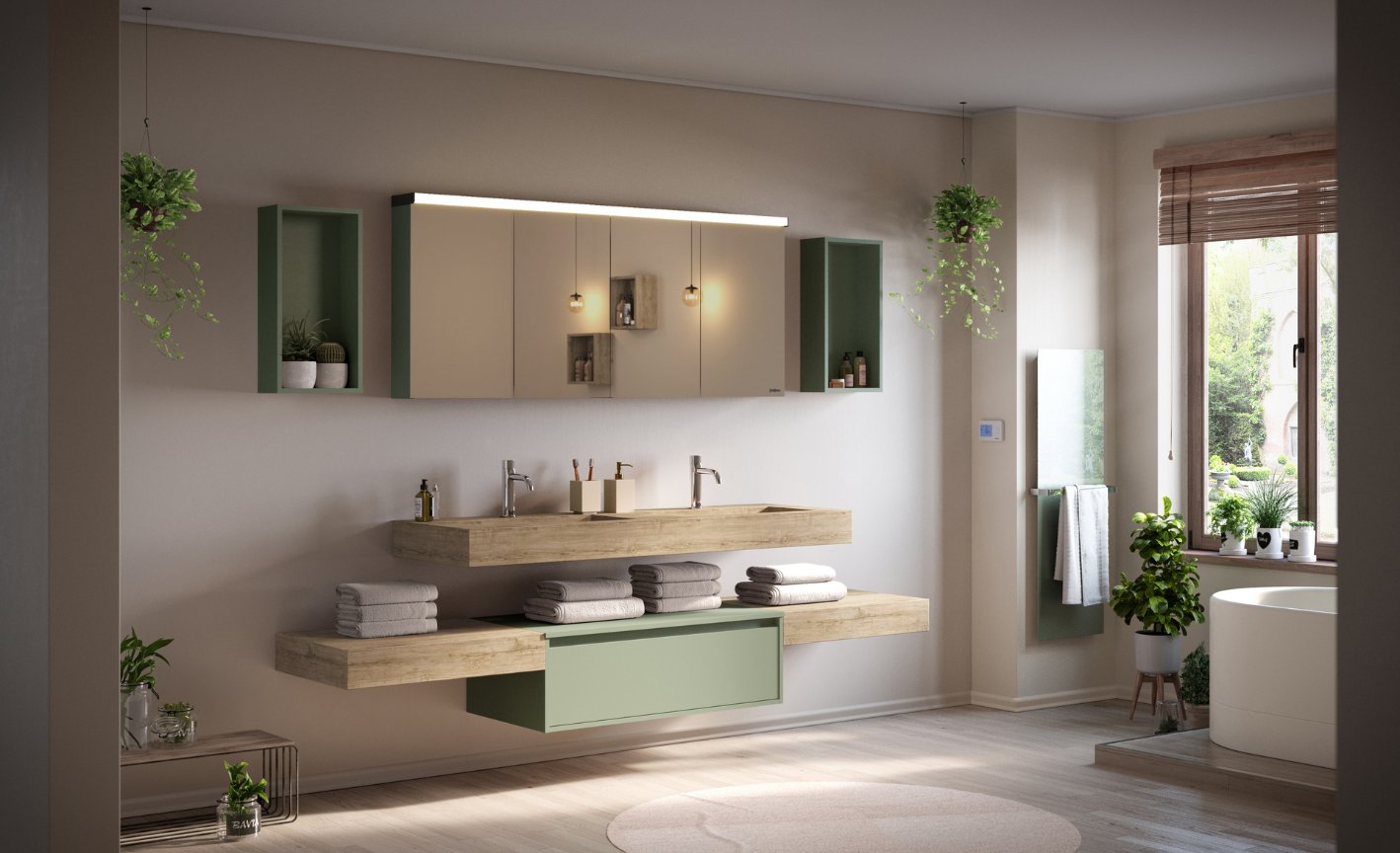 Salle de bain avec pothos et diverses plantes vertes