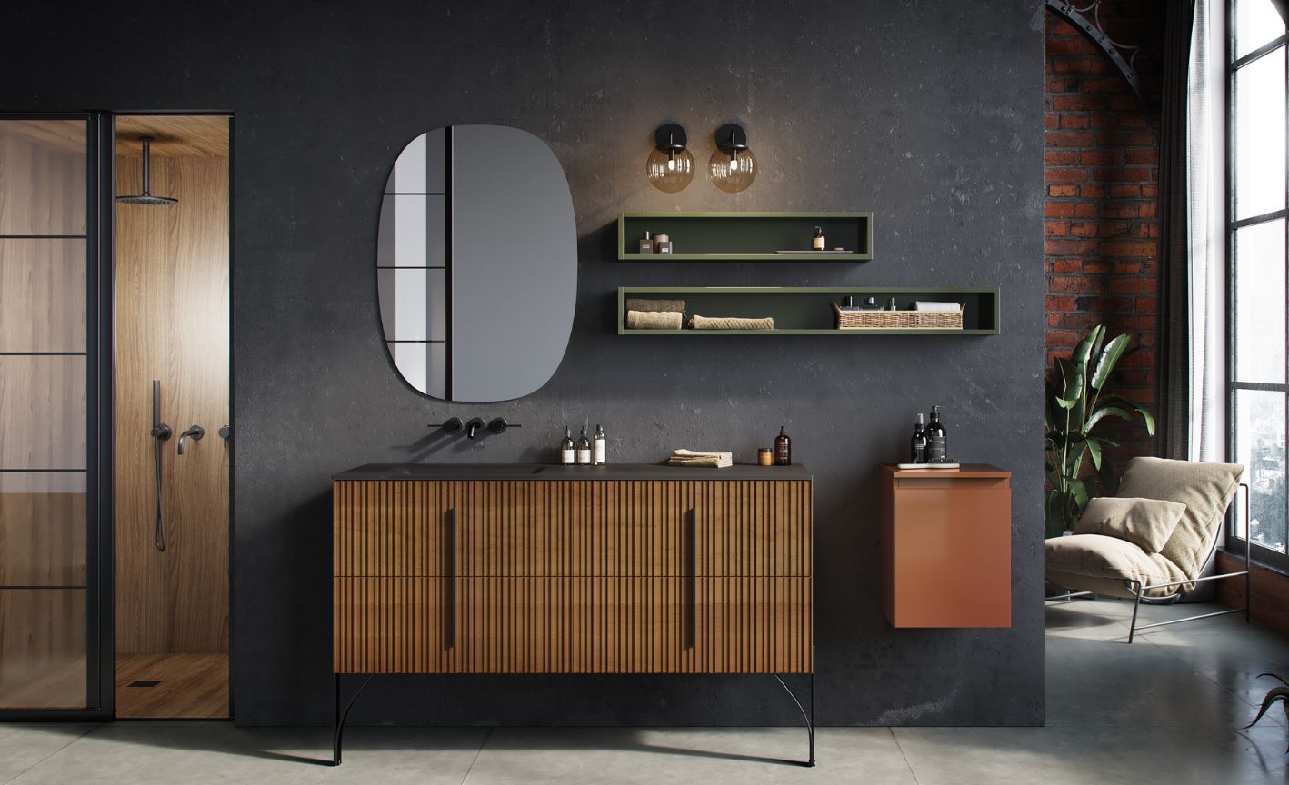 Image de salle de bain industrielle pierre naturelle bois