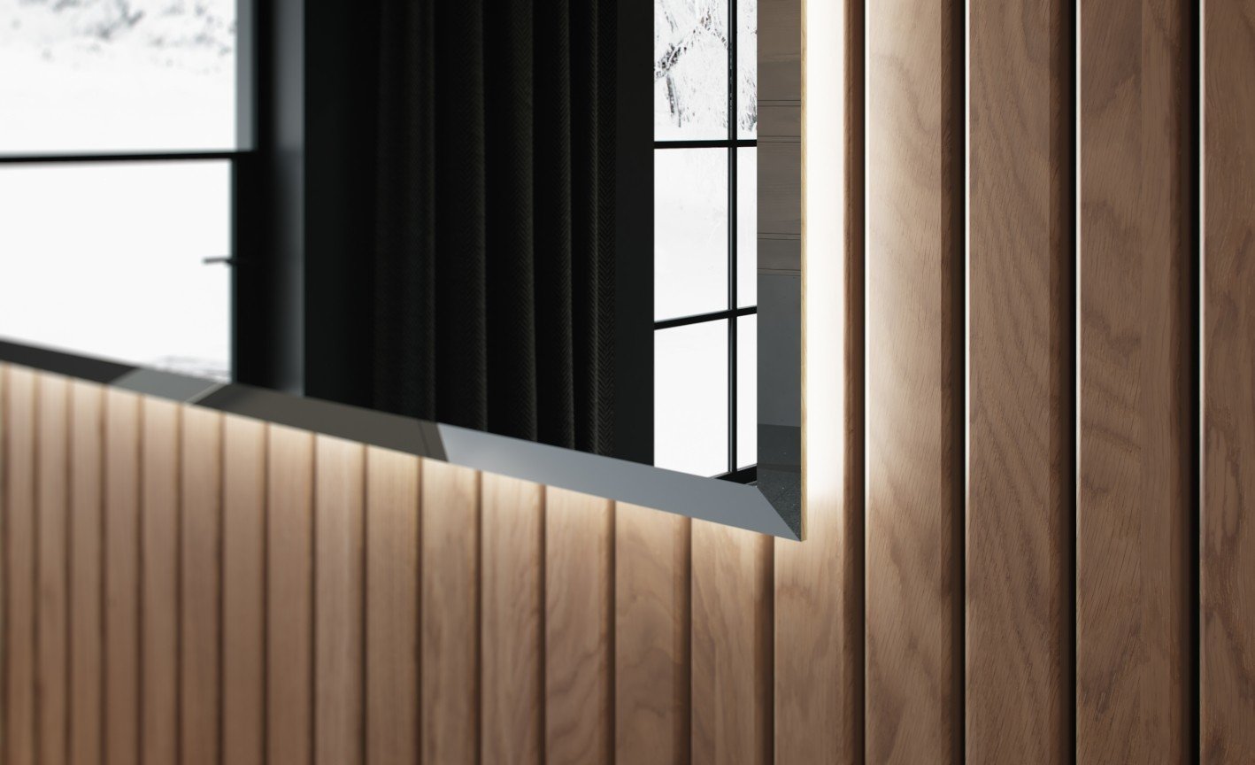 Miroir de salle de bain sur mesure Sanijura avec film antibuée, bords biseautés et rétro-éclairage