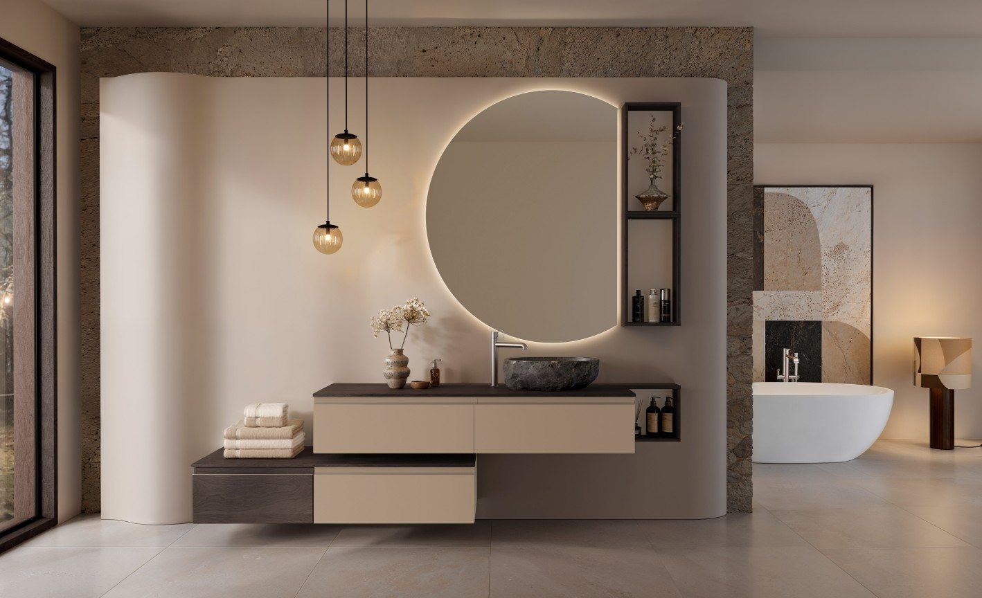 Vasque à poser et meubles haut de gamme pour une salle de bain pierre et bois