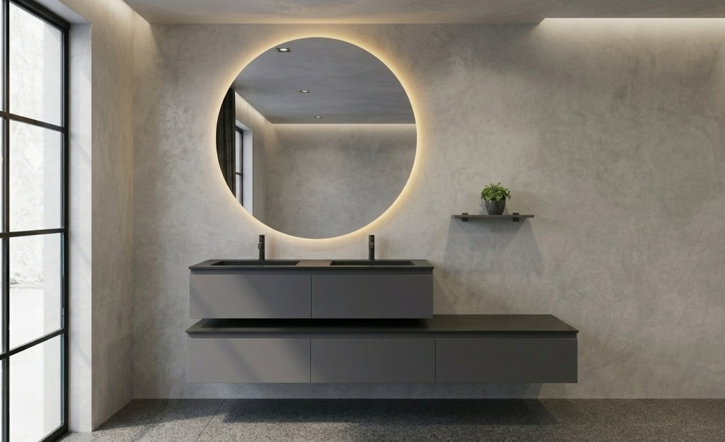 Image d’une salle de bain design de style industriel Sanijura aux couleurs grises et béton ciré