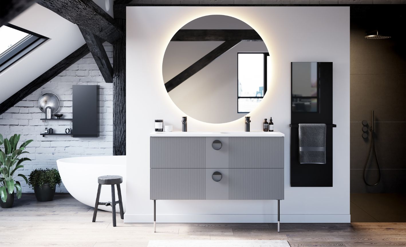 Photo d’une salle de bain design Sanijura aux couleurs grises, blanches et noires