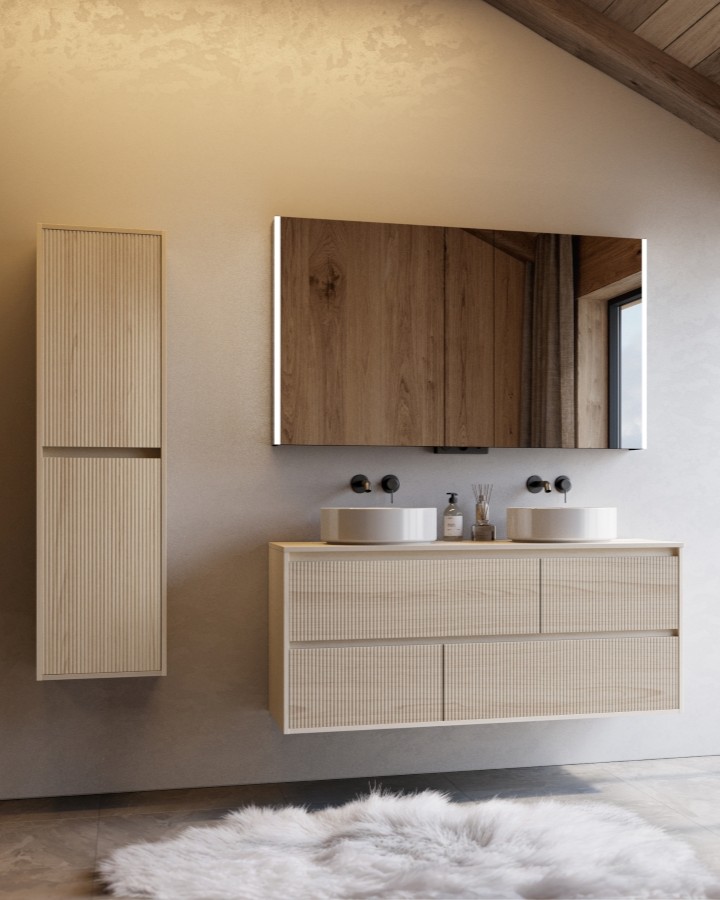 Meuble de salle de bain en bois massif Frame Origin avec vasques à poser et colonne assortie