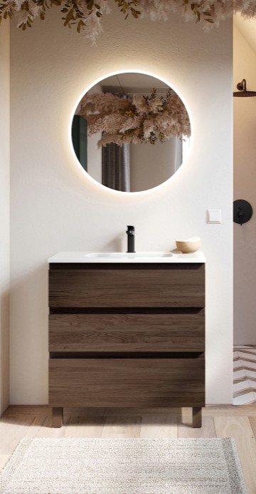 Petit meuble de salle de bain en bois massif Luciole, 80 cm, 3 niveaux